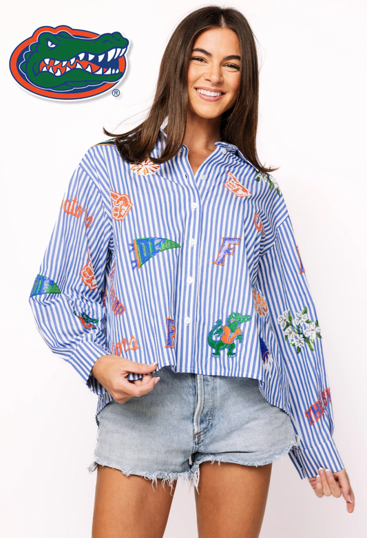 Queen of Sparkles Licensed Florida Mini Icon Striped Button Down Long Sleeve Top