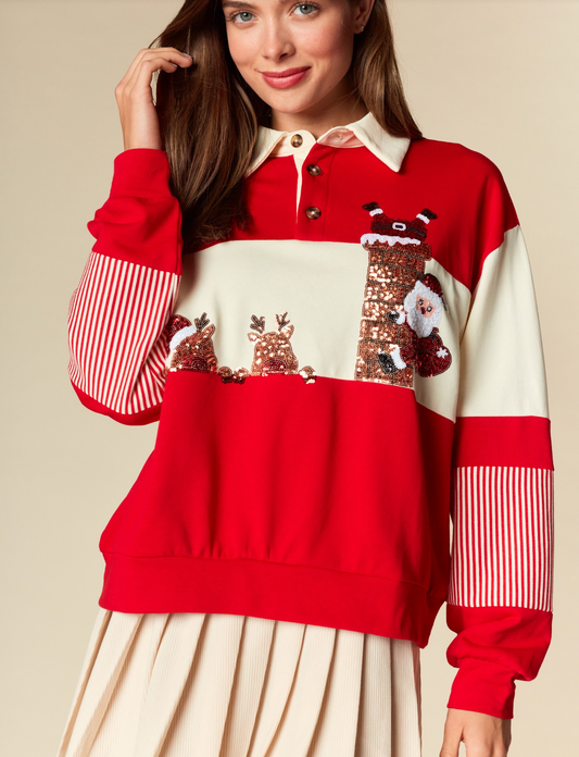 Santa Chimney Sequin Rugby Sweatshirt (preorder)