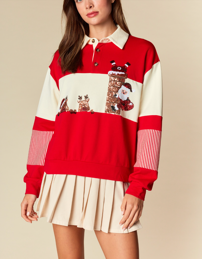 Santa Chimney Sequin Rugby Sweatshirt (preorder)