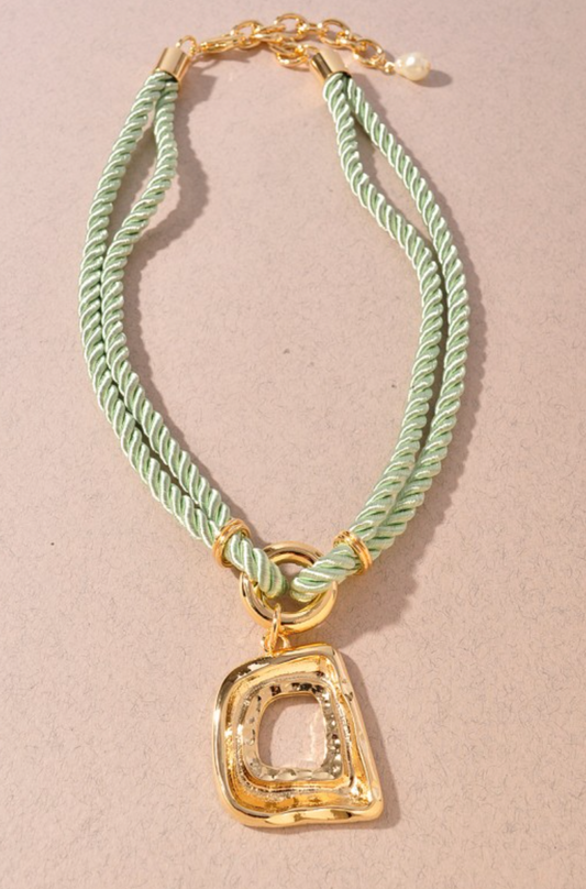 Mint Twisted Cord Square Pendant Necklace