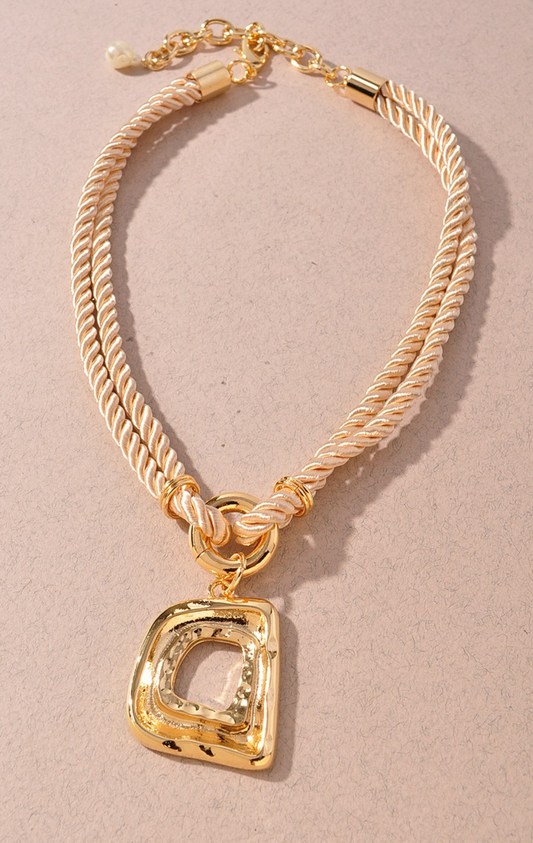 Natural Twisted Cord Square Pendant Necklace