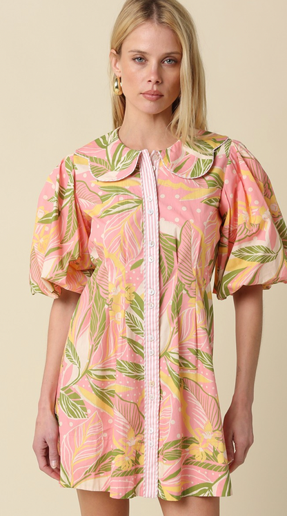 Nia Tropical Puff Sleeve Mini Dress