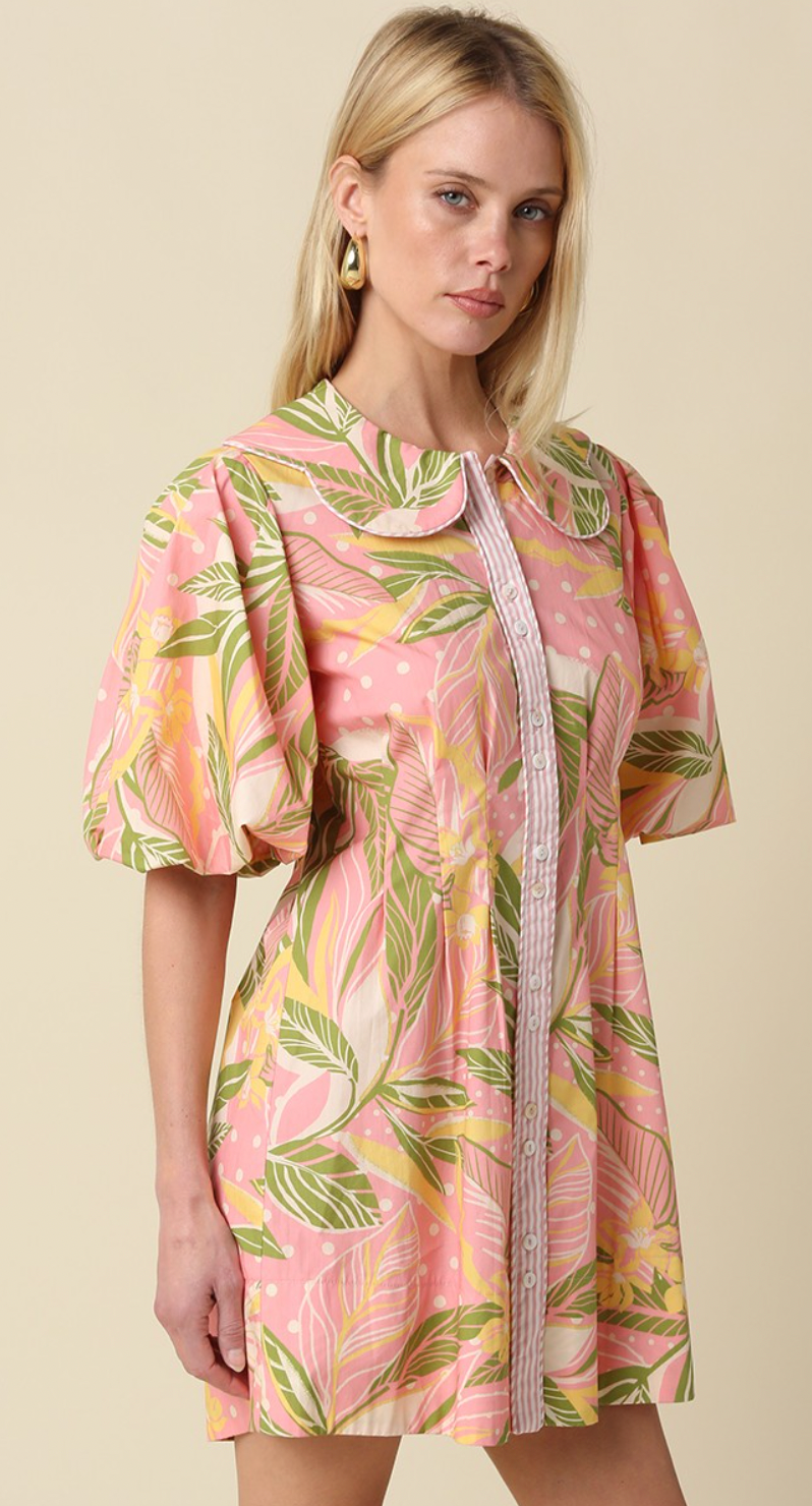 Nia Tropical Puff Sleeve Mini Dress