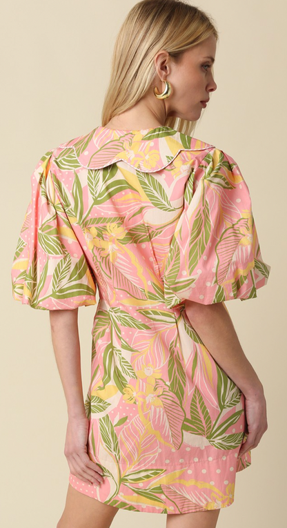 Nia Tropical Puff Sleeve Mini Dress