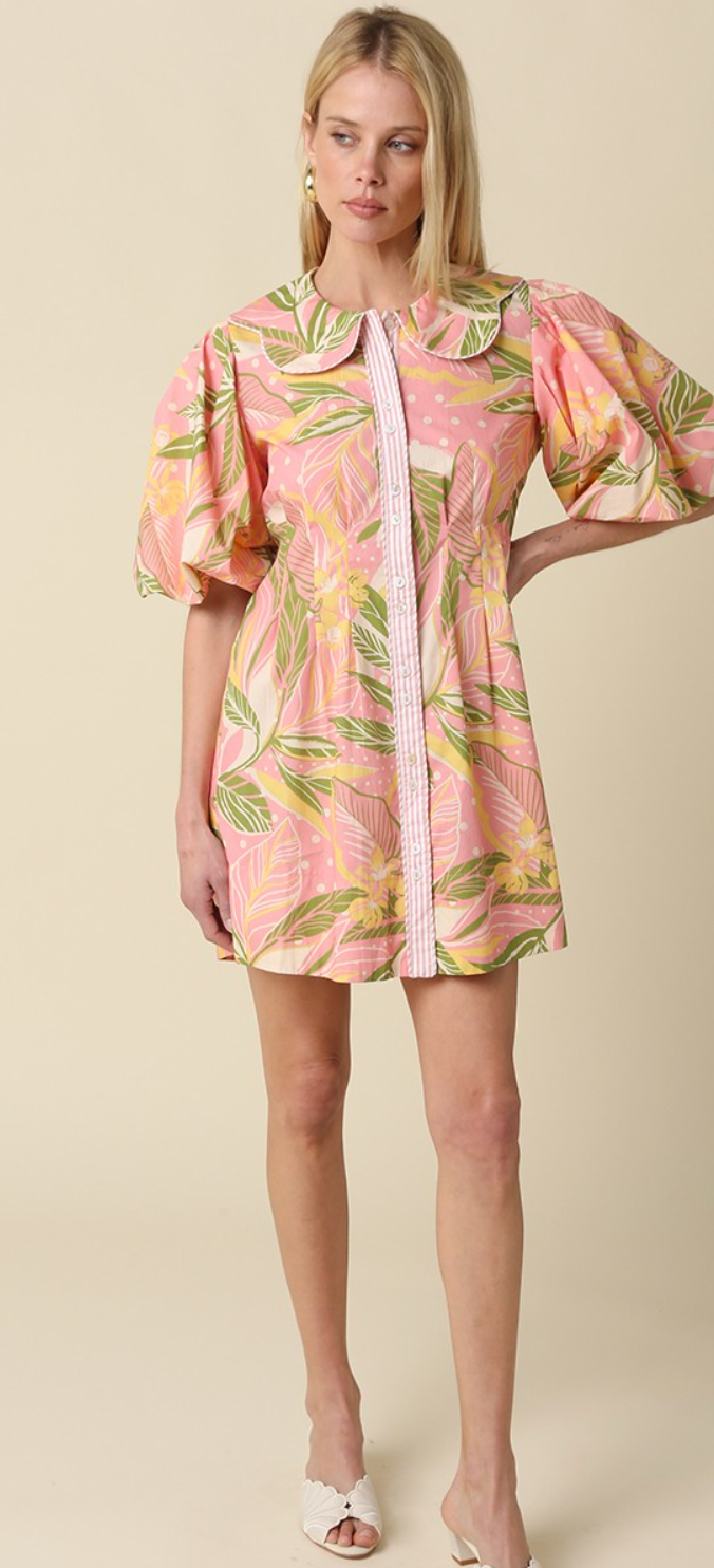 Nia Tropical Puff Sleeve Mini Dress