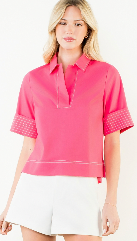 Short Sleeve Collared V-Neck Top (PREORDER)