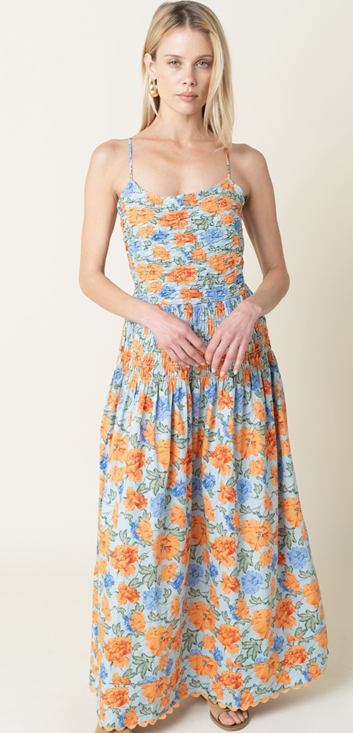 Azure Blossom Smocked Maxi Dress