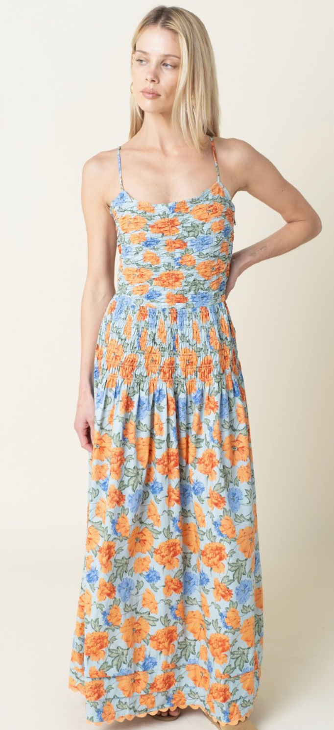 Azure Blossom Smocked Maxi Dress