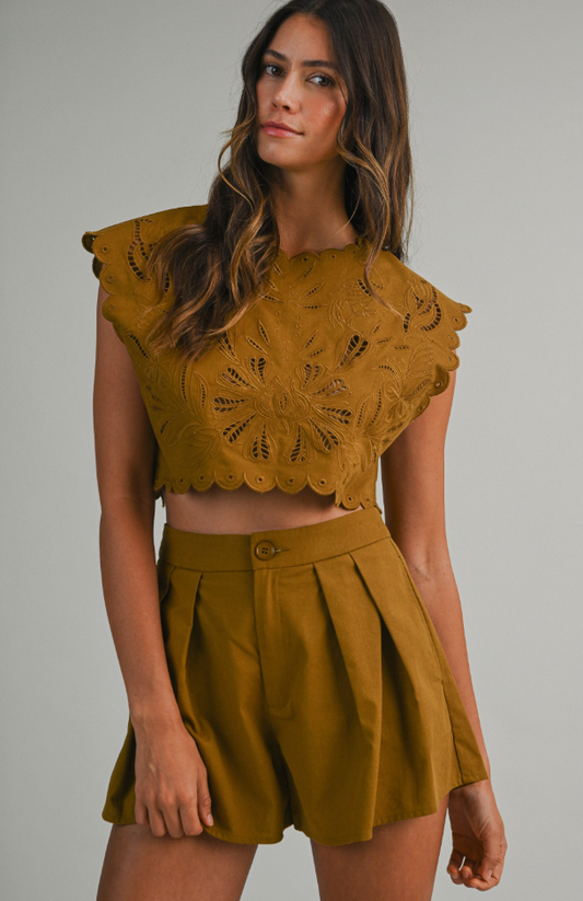 Shanna Embroidery Crop Set in Dijon