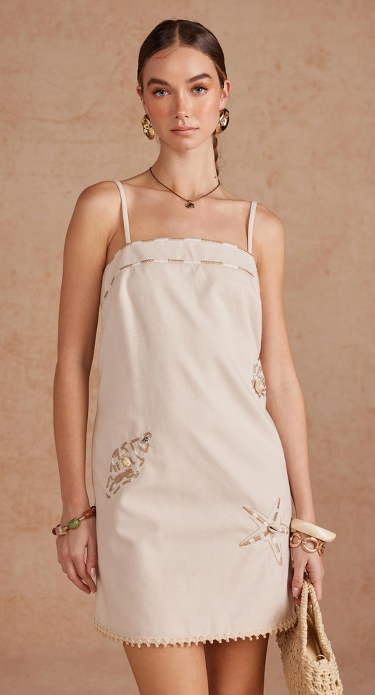 Coastal Seashell Embroidered Linen Mini Dress