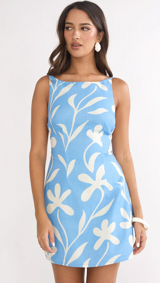 Boat Neck Floral Mini Dress