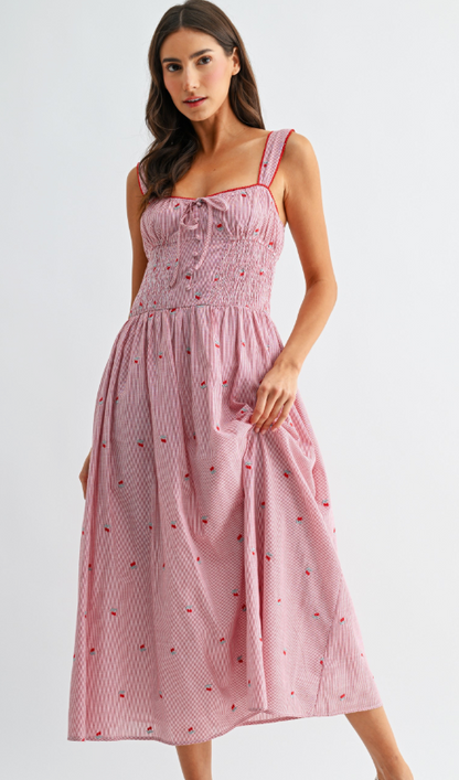 Red Floral Embroidered Midi