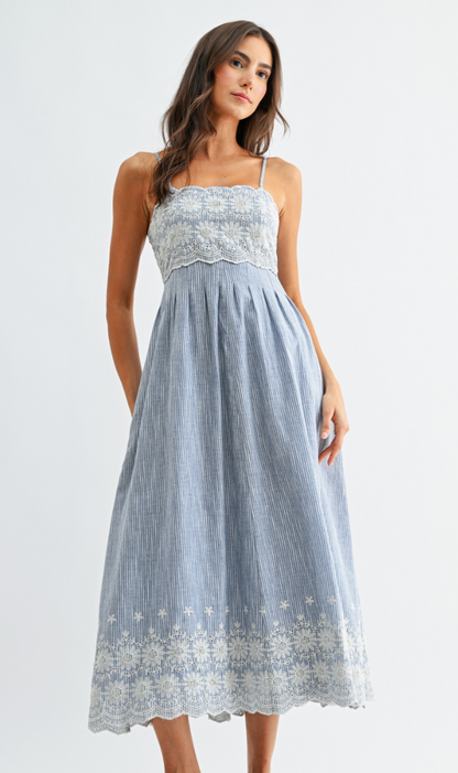 Pinstripe Embroidered Lace Detail Midi