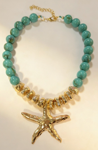 Starfish Pendant Turquoise Beaded Necklace