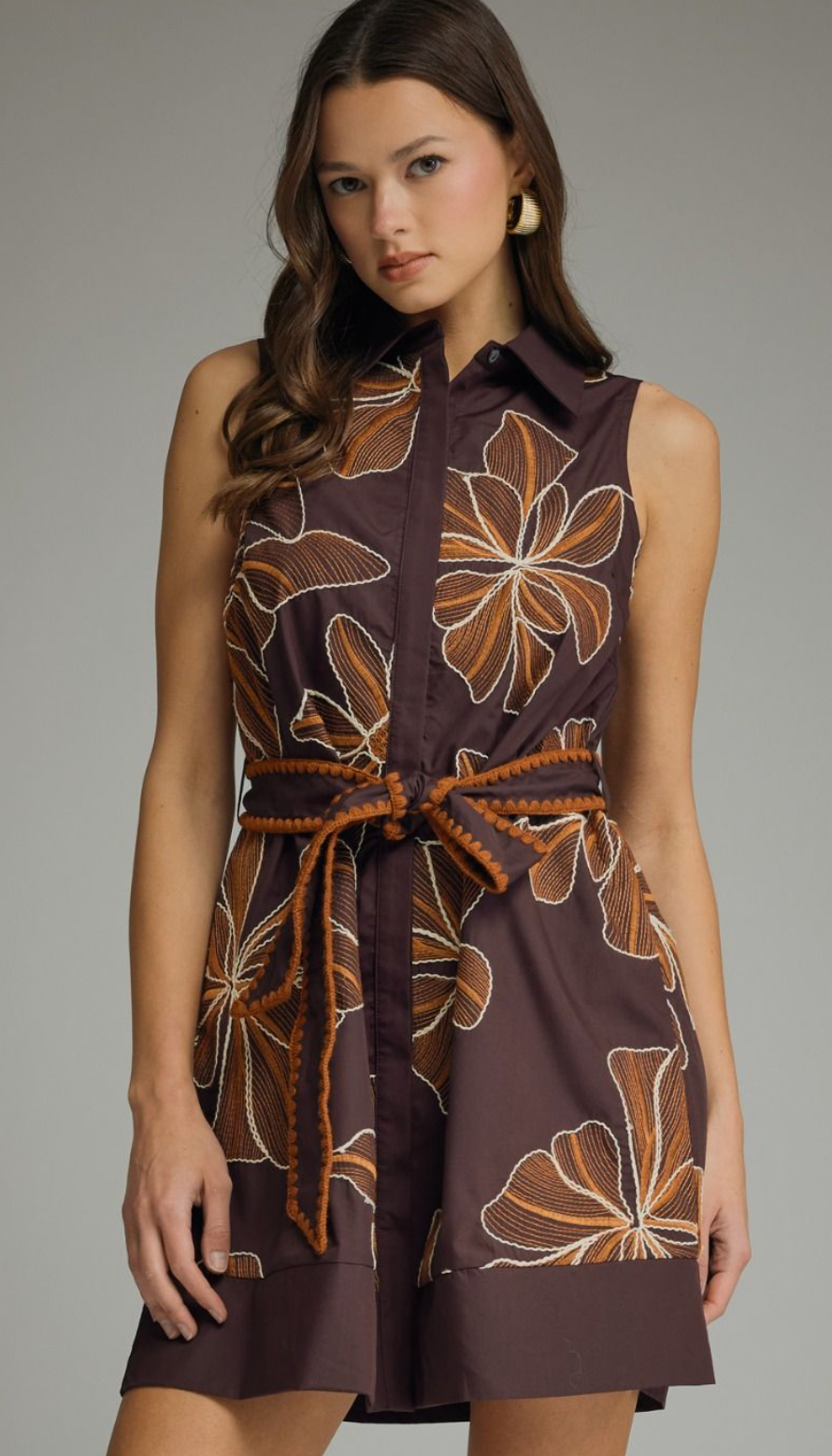 Floral Embroidered Brown Mini Dress