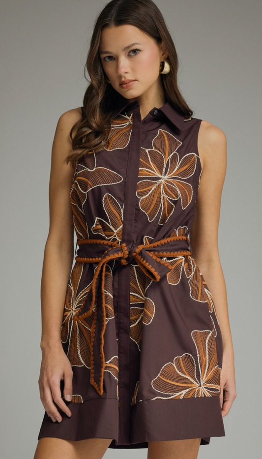 Floral Embroidered Brown Mini Dress