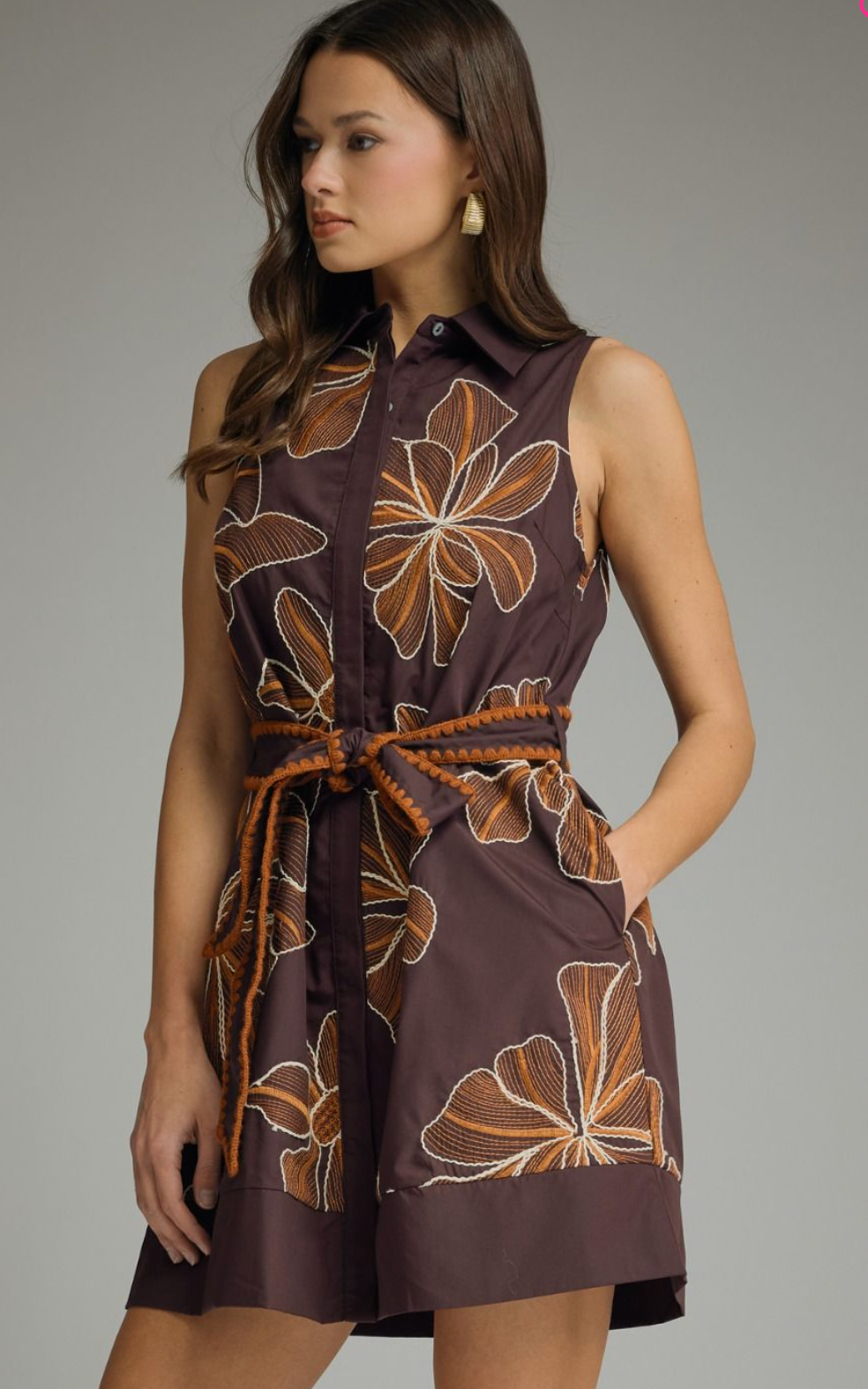 Floral Embroidered Brown Mini Dress