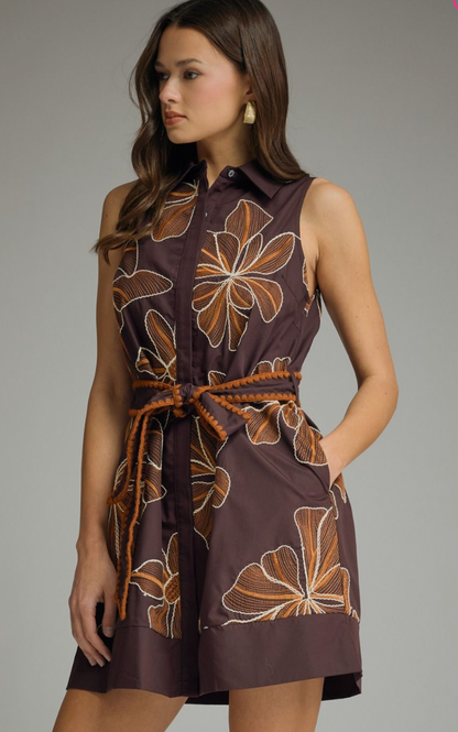 Floral Embroidered Brown Mini Dress