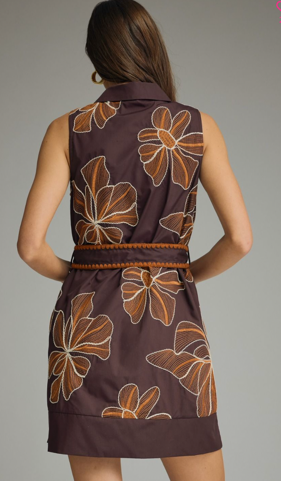 Floral Embroidered Brown Mini Dress