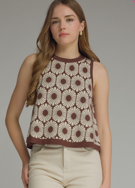 Brown Floral Sleeveless Top
