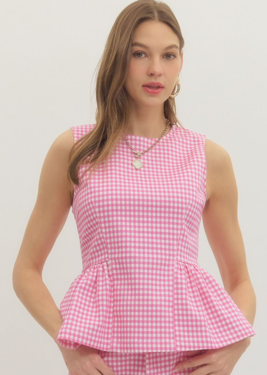 Pink Gingham Peplum Top