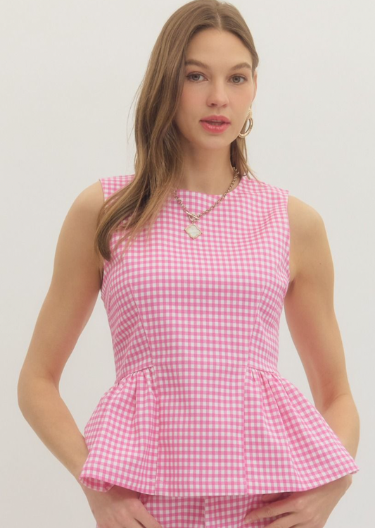 Pink Gingham Peplum Top
