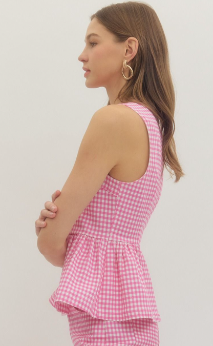 Pink Gingham Peplum Top