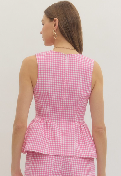 Pink Gingham Peplum Top