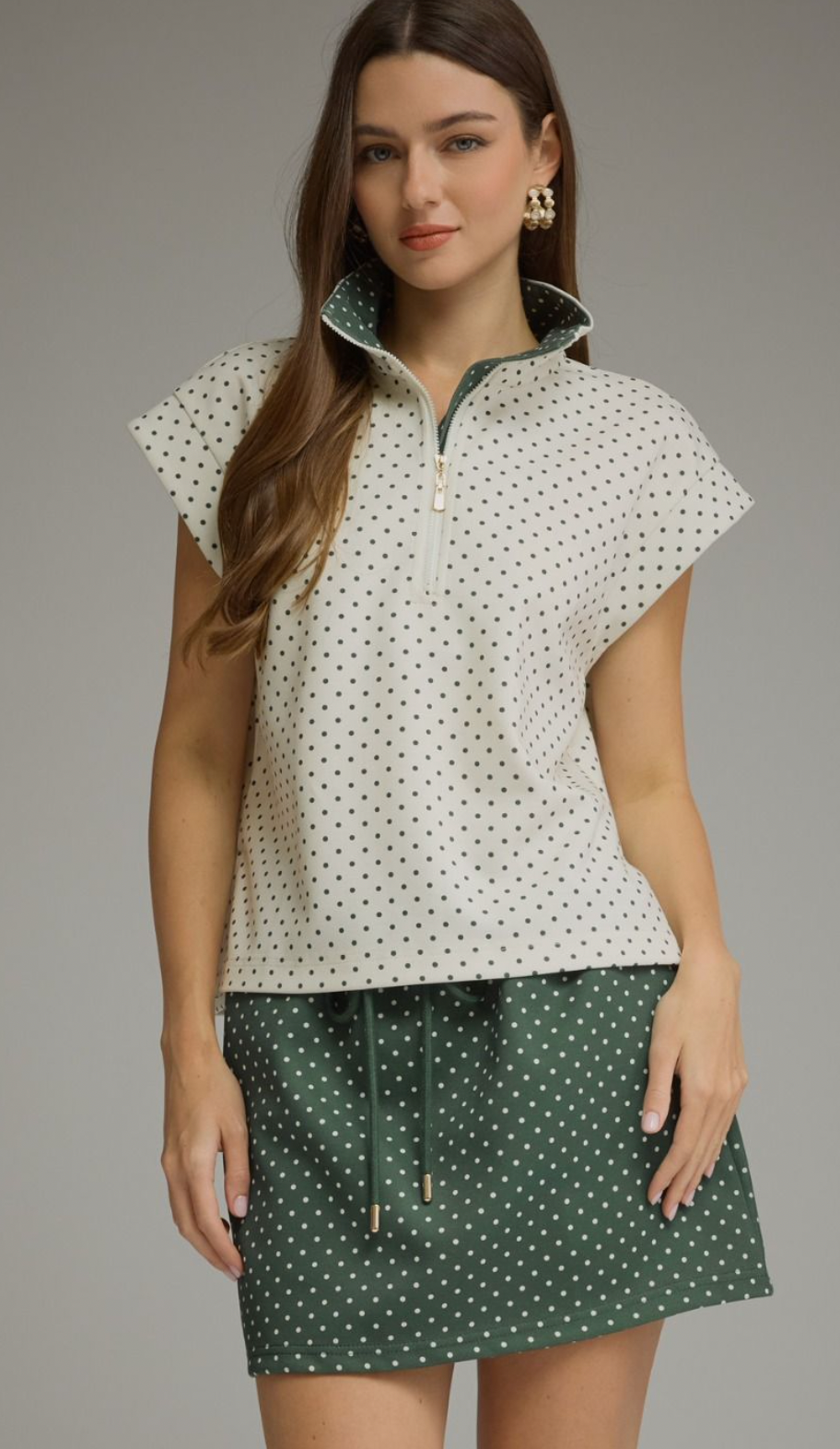 Polka Dot Half Zip Top - Green Blend