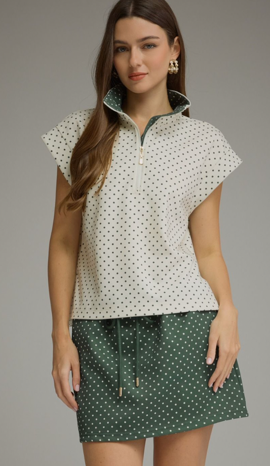 Polka Dot Half Zip Top - Green Blend