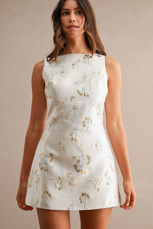 Sleeveless Floral Jacquard Mini Dress in Blush