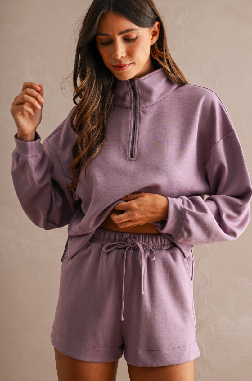 Mock Neck Half Zip Set - Dusty Purple