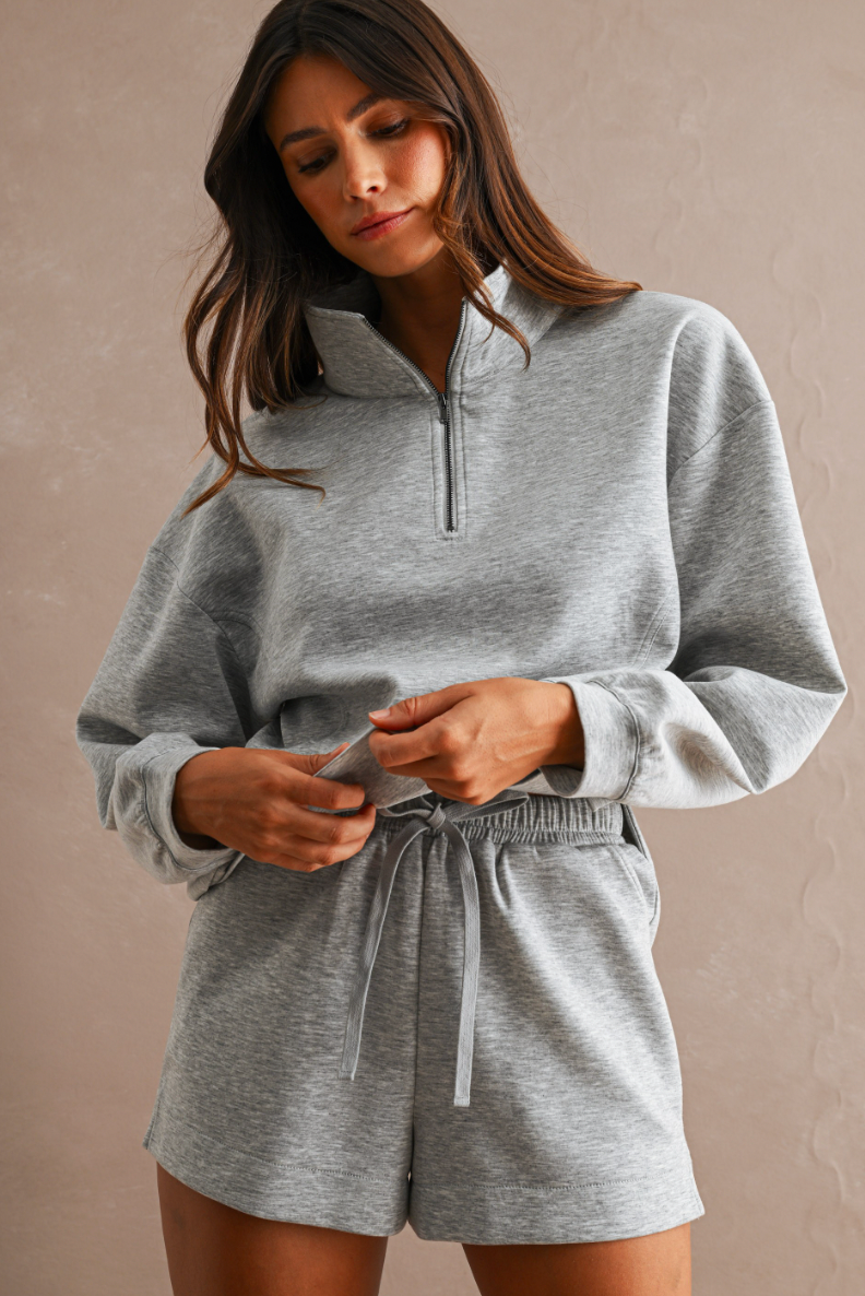 Mock Neck Half Zip Set - Grey
