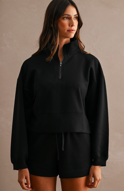 Mock Neck Half Zip Set - Black