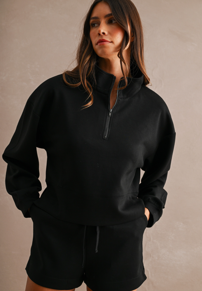 Mock Neck Half Zip Set - Black