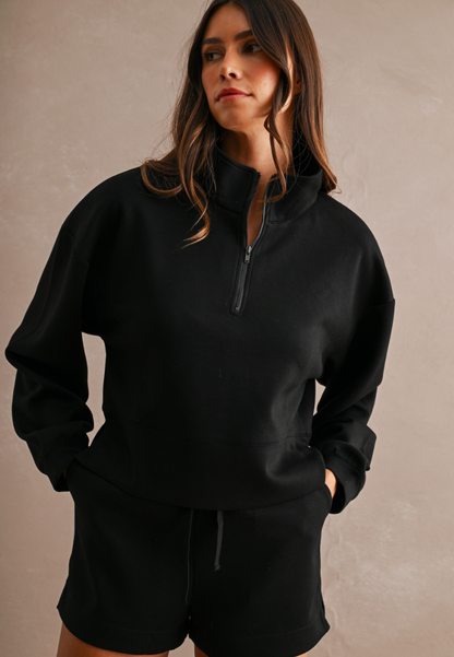 Mock Neck Half Zip Set - Black