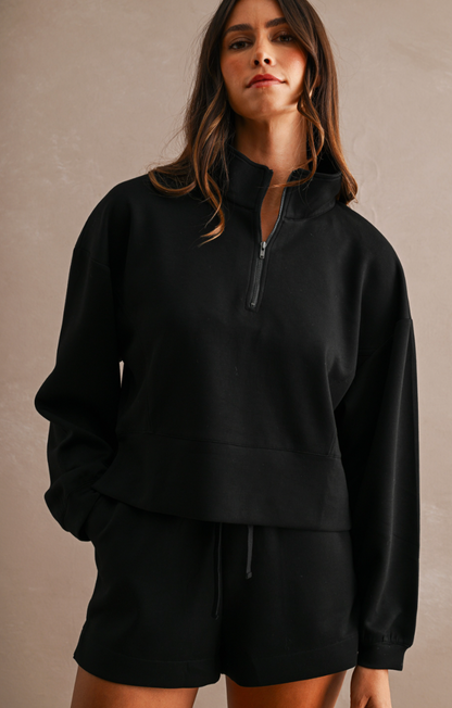 Mock Neck Half Zip Set - Black