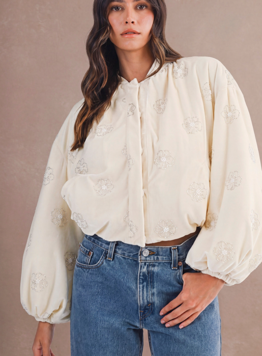 Floral Beaded Velvet Bomber Jacket