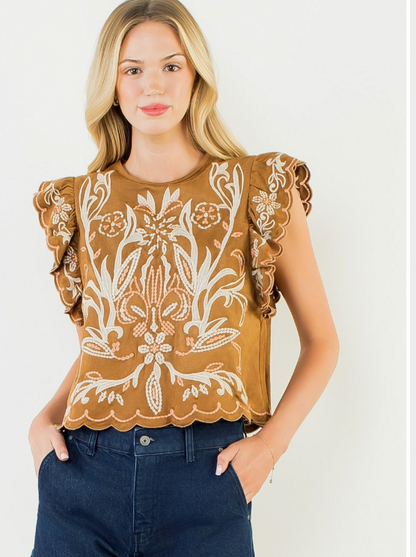 THML Flutter Sleeve Suede Embroidered Top