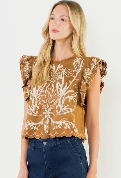 THML Flutter Sleeve Suede Embroidered Top