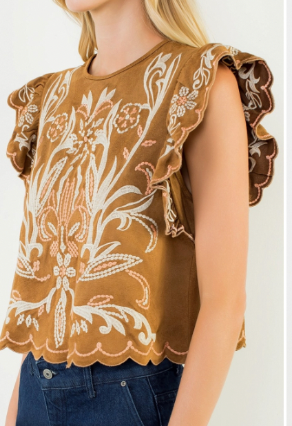THML Flutter Sleeve Suede Embroidered Top