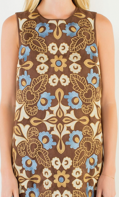 THML Suede Embroidery Dress in Brown