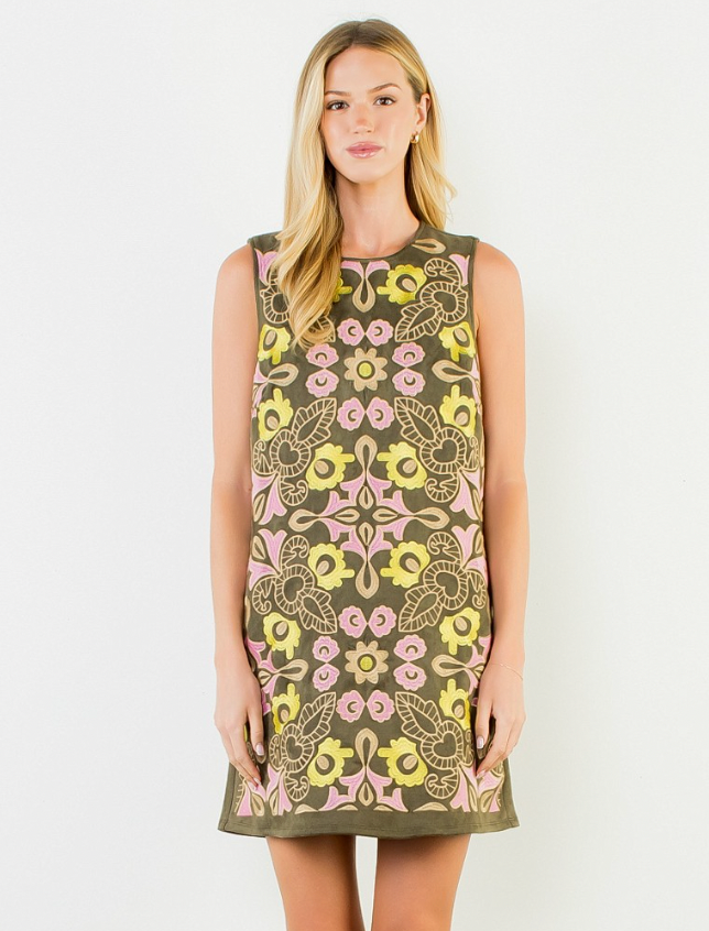 THML Suede Embroidery Dress in Olive