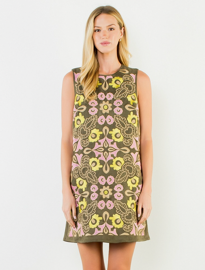 THML Suede Embroidery Dress in Olive