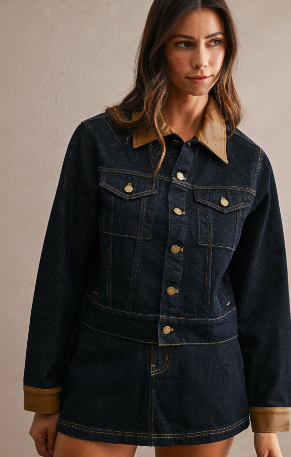 Denim Contrast Collar Jacket + Skort Set