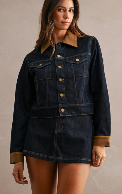 Denim Contrast Collar Jacket + Skort Set