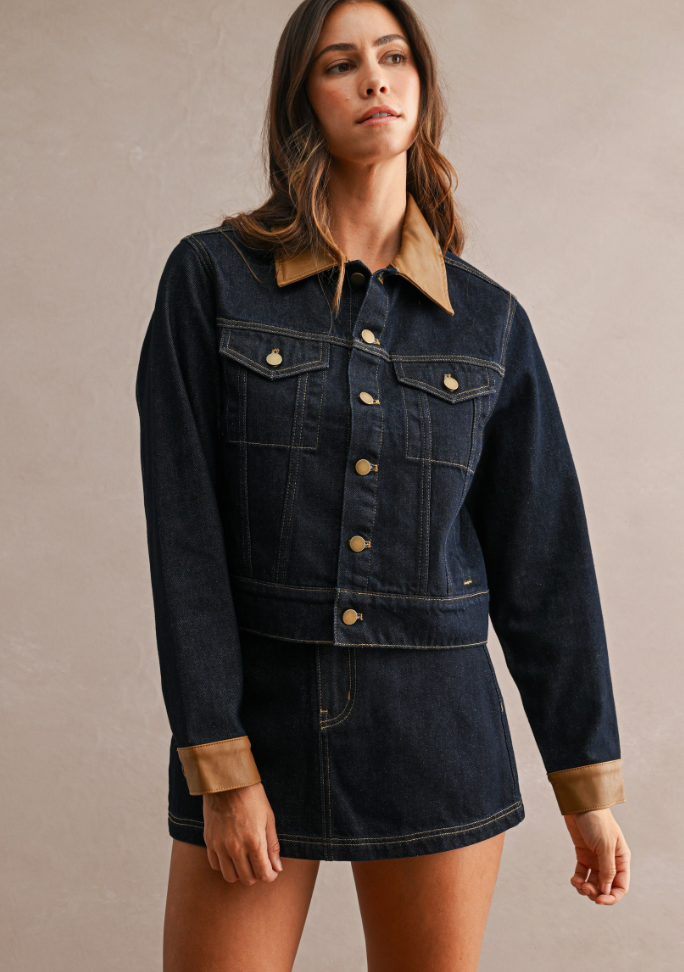 Denim Contrast Collar Jacket + Skort Set