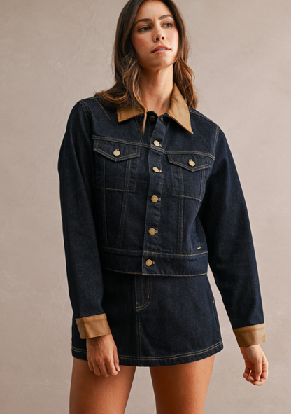 Denim Contrast Collar Jacket + Skort Set