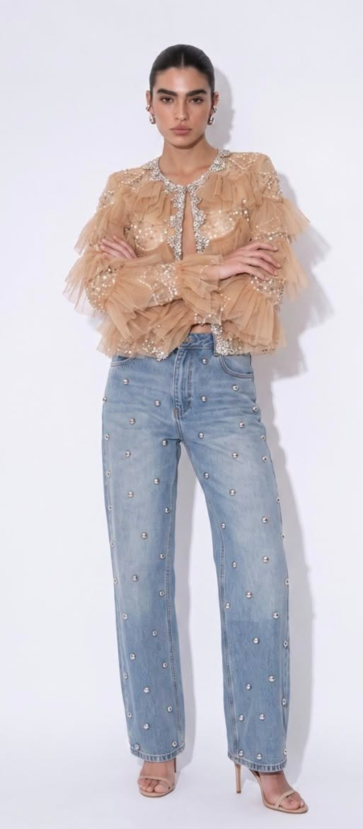 Beulah Embellished Tiered Jacket in Tan PREORDER