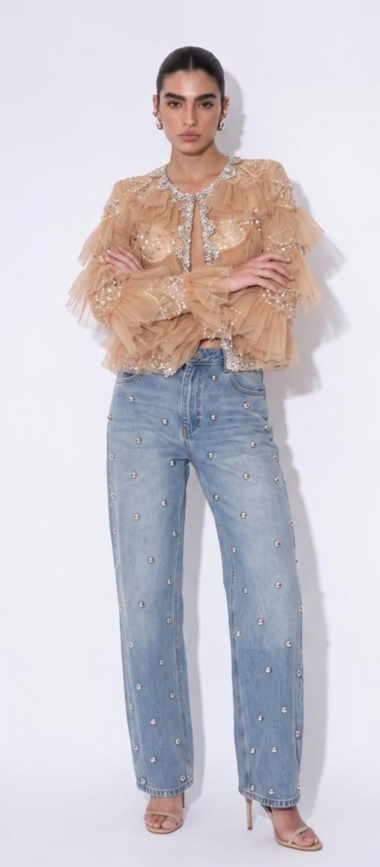 Beulah Embellished Tiered Jacket in Tan PREORDER